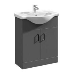 Balterley Modern Floor Standing Bathroom 2 Door Vanity And Round Basin Unit - 650mm, Satin Dark Grey, Soft Close Doors - thumbnail 1