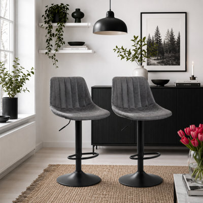 Wyld Haus Seretti Set Of 2 Charcoal Grey Swivel Leather Tub Bar Stools Adjustable - image 1