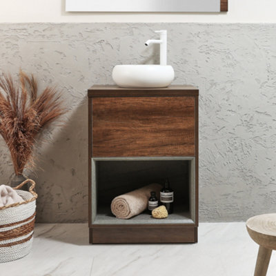 Homestylestore Dark Oak 600mm Bathroom Vanity Unit Round Chalk Countertop Basin Open Shelf - image 1