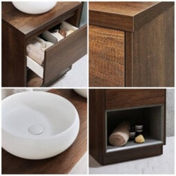 Homestylestore Dark Oak 600mm Bathroom Vanity Unit Round Chalk Countertop Basin Open Shelf - thumbnail 2
