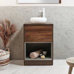 Homestylestore Dark Oak 600mm Bathroom Vanity Unit Round Chalk Countertop Basin Open Shelf