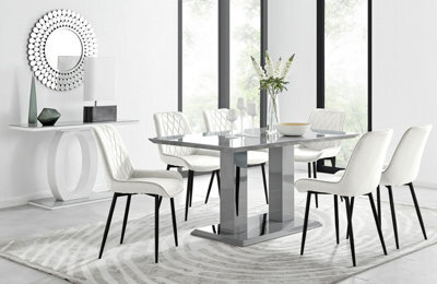 Furniturebox Imperia Grey High Gloss 6 Seater Dining Table With Structural 2 Plinth Column Legs 6 Cream Velvet Black Leg Pesaro Chairs - image 1