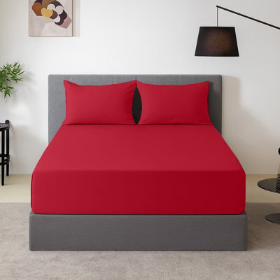 Oxford Homeware Plain Dyed Fitted Sheet 40Cm Extra Deep Pocket Soft Easy Care Bedding Sheet (W)137Cmx(L)191Cm (Double, Red) - image 1