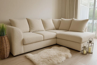 Cream Bouclé L Shaped Corner Sofa Right Hand Facing 4 Seater Sofa, Soft Teddy Fabric Couch With Deep Seat & Scatter Back Cushions