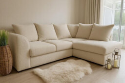 Cream Bouclé L Shaped Corner Sofa Right Hand Facing 4 Seater Sofa, Soft Teddy Fabric Couch With Deep Seat & Scatter Back Cushions