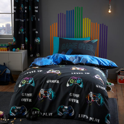 Catherine Lansfield Bedding Game Over Duvet Cover Set With Pillowcases Black - image 1