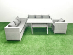 Fimous 4 Pieces Outdoor Rattan Sofa Set Cushions Patio Garden Furniture Sets Armchair Dining Table Light Grey - thumbnail 2