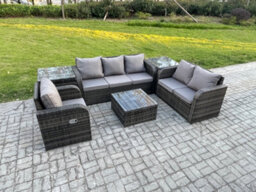 Fimous Rattan Garden Furniture 6 Piece Patio Set With Table Sofa Square Coffee Table Reclining Chair Loveseat Sofa 2 Side Tables - thumbnail 2