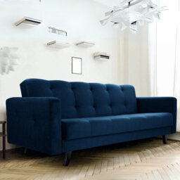 Sofa Bed With Storage Bonell Springs Pull Out Sleep Function Blue Fabric Upholstery Modern Design Lizbona - thumbnail 2