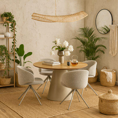 Wyld Haus Auckland 120Cm Round Dining Set - Natural Oak-Effect Table With Black Metal Base And 4 Beige Boucle Swivel Chairs - image 1