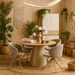 Wyld Haus Auckland 120Cm Round Dining Set - Natural Oak-Effect Table With Black Metal Base And 4 Beige Boucle Swivel Chairs - thumbnail 2