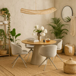 Wyld Haus Auckland 120Cm Round Dining Set - Natural Oak-Effect Table With Black Metal Base And 4 Beige Boucle Swivel Chairs - thumbnail 1