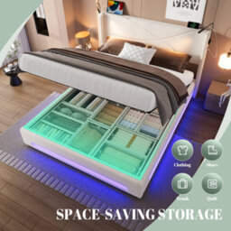 Btm 135X190Cm Bed Frame, Led, Reading Lamps, Usb/type-C, Hydraulic Storage, Beige - thumbnail 8