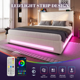 Btm 135X190Cm Bed Frame, Led, Reading Lamps, Usb/type-C, Hydraulic Storage, Beige - thumbnail 4