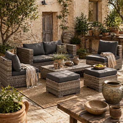 Wyld Haus Relu Mixed Grey 8-Piece Rattan 6-Seater Outdoor Garden Sofa Set With Footstools And Tables - image 1