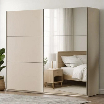 Arte Sand Beige Sliding Mirrored Wardrobe 225Cm - Spacious Elegance For Everyday Living - image 1