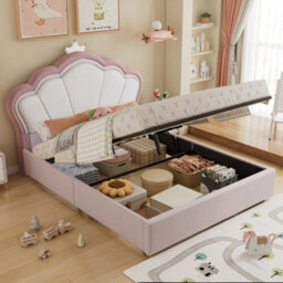Btm 4Ft6 Double Velvet Ottoman Bed, Hydraulic Storage Bed Frame, Upholstered Bed, Pink, 135X190Cm