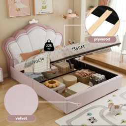 Btm 4Ft6 Double Velvet Ottoman Bed, Hydraulic Storage Bed Frame, Upholstered Bed, Pink, 135X190Cm - thumbnail 5