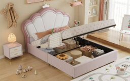 Btm 4Ft6 Double Velvet Ottoman Bed, Hydraulic Storage Bed Frame, Upholstered Bed, Pink, 135X190Cm - thumbnail 7