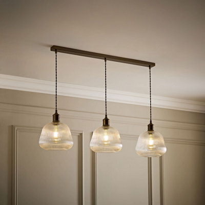 Valuelights Delora Ribbed Bell Glass 3 Drop Brushed Brass Diner Ceiling Pendant Light - image 1
