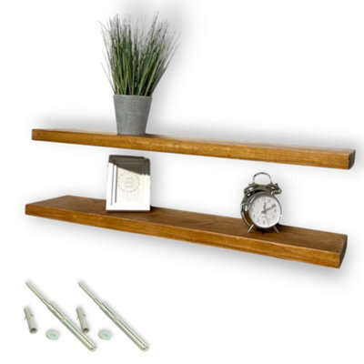 MKGT Set Of 2 Rustic Wooden Floating Shelves With Hidden Brackets (Tudor Oak, 130Cm (1.3M) - image 1