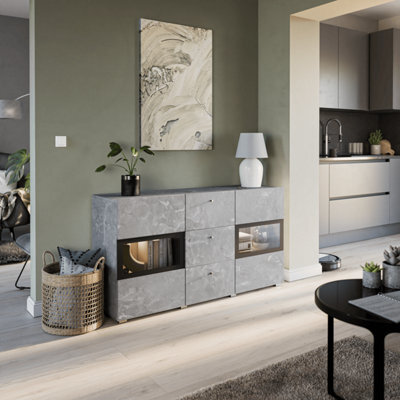 Arte Baros 26 Contemporary Display Sideboard Cabinet 2 Hinged Doors 2 Shelves 3 Drawers Concrete Grey (H)700mm (W)1320mm (D)390mm - image 1