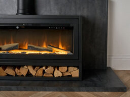 Acantha Pre-Built Slate Effect Media Wall 3 With Vision Electric Media Stove & Log Store In Black - thumbnail 5