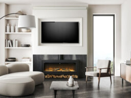 Acantha Pre-Built Slate Effect Media Wall 3 With Vision Electric Media Stove & Log Store In Black