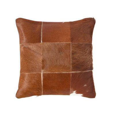 Homescapes Beige Real Leather & Goat Hair Large Check Cushion With Feather Filling - image 1