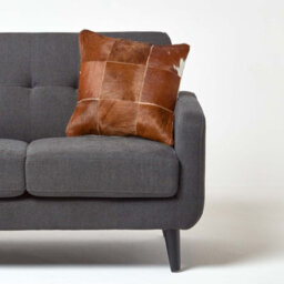 Homescapes Beige Real Leather & Goat Hair Large Check Cushion With Feather Filling - thumbnail 4
