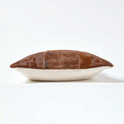 Homescapes Beige Real Leather & Goat Hair Large Check Cushion With Feather Filling - thumbnail 2