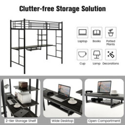 Costway 3.5 Ft Single Metal Loft Bed Frame High Sleeper Bunk Bed W/ Desk-Black - thumbnail 6