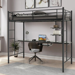 Costway 3.5 Ft Single Metal Loft Bed Frame High Sleeper Bunk Bed W/ Desk-Black - thumbnail 3