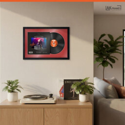 "AK Frames 25X17"" Black Modern Vinyl Record Frame With Crimson Mount For 12 Inch Lp Cover & Disc - Overlapped Design" - thumbnail 5