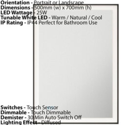 500mm X 700mm Ip44 Matt Black Led Bathroom Mirror With Demister And Tunable White Light - thumbnail 3