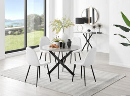 Furniturebox Uk Novara Grey Concrete Effect Black Leg Round Dining Table & 4 White Corona Black Leg Chairs - thumbnail 1