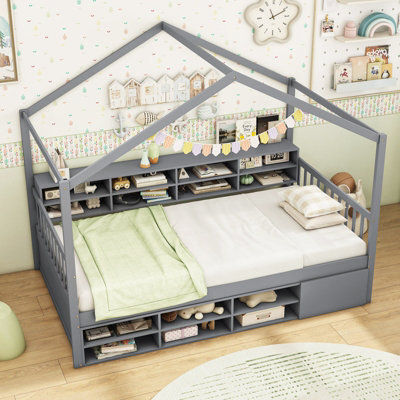 Costway Single Size House Bed With Roof Wooden Kids Platform Bed Frame With 14 Storage Cubes Grey - image 1