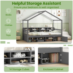 Costway Single Size House Bed With Roof Wooden Kids Platform Bed Frame With 14 Storage Cubes Grey - thumbnail 7