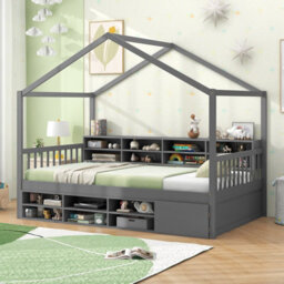 Costway Single Size House Bed With Roof Wooden Kids Platform Bed Frame With 14 Storage Cubes Grey - thumbnail 4