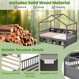 Costway Single Size House Bed With Roof Wooden Kids Platform Bed Frame With 14 Storage Cubes Grey - thumbnail 6