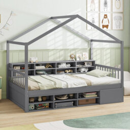 Costway Single Size House Bed With Roof Wooden Kids Platform Bed Frame With 14 Storage Cubes Grey - thumbnail 5