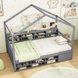 Costway Single Size House Bed With Roof Wooden Kids Platform Bed Frame With 14 Storage Cubes Grey - thumbnail 1
