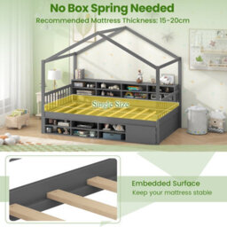 Costway Single Size House Bed With Roof Wooden Kids Platform Bed Frame With 14 Storage Cubes Grey - thumbnail 8