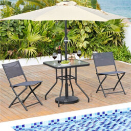 Yaheetech Black Outdoor Coffee Table With Tempered Glass Top And Umbrella Hole