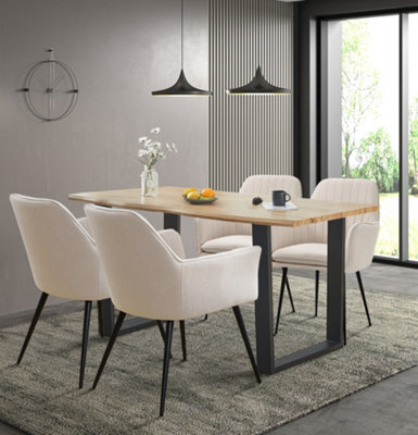 Hallowood Furniture Cullompton Large Dining Table With Live Edge Effect And 4 Beige Armed Chair - image 1