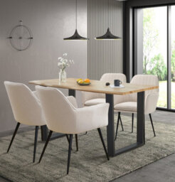 Hallowood Furniture Cullompton Large Dining Table With Live Edge Effect And 4 Beige Armed Chair - thumbnail 1