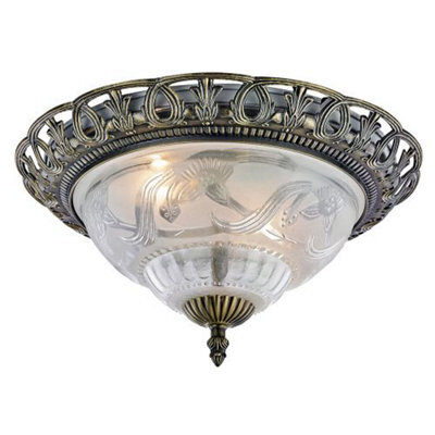 Happy Homewares Traditional And Classic Antique Brass And Floral Glass Flush Ceiling Light - image 1