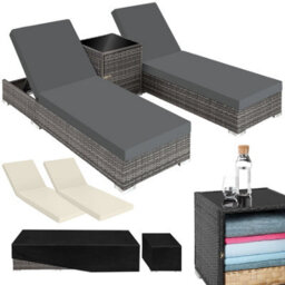 Tectake 2 Rattan Lounge Chairs With Aluminum Frames And A Table, Including Protective Covers - Grey