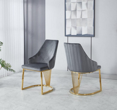 Set Of 2 Modernique Grey Velvet Upholstered Dining Chairs With Golden Metal Legs - image 1