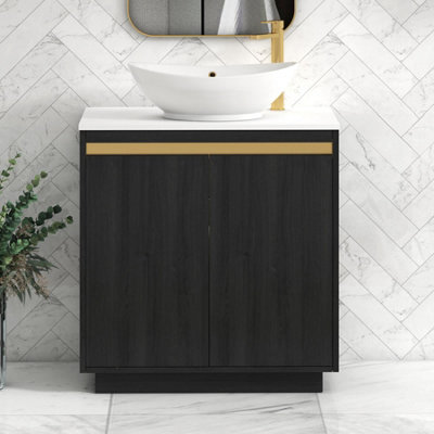Royal Bathrooms Orion 800mm Hale Black Floor Standing Plain White Countertop Vanity Unit 2 Door With Amaze Basin & Brushed Brass Accent Trim - image 1